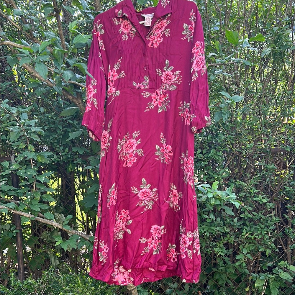 April Cornell Red V-Neck Dress with Bishop Sleeves